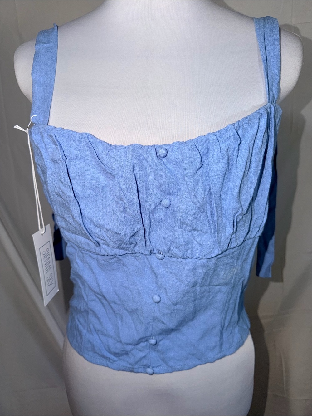 Sienna Sky Blue Sleeveless Button-Front Top Smocked Back